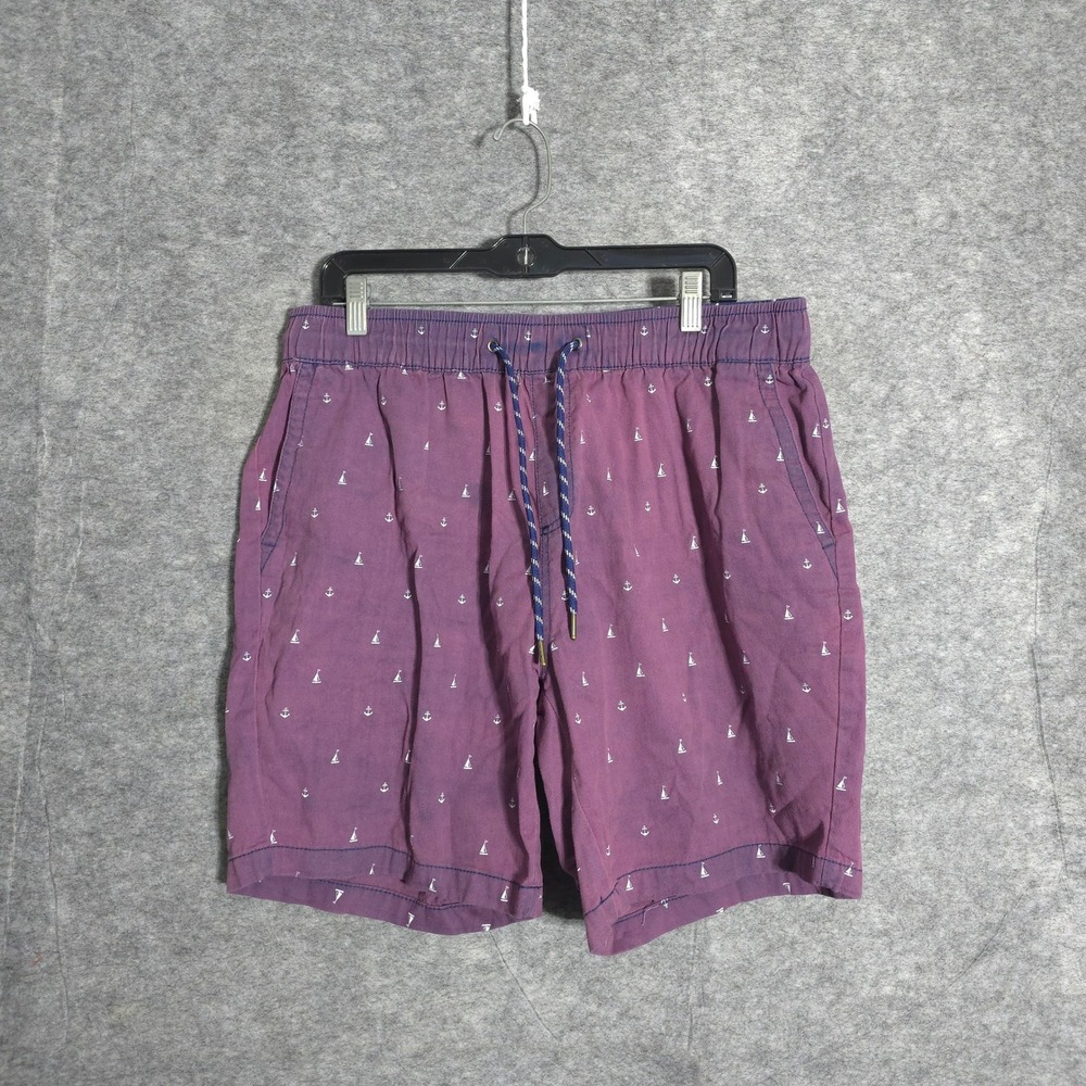 Beach Bros Nautical Shorts Men XL Purple Anchor Sailboat Drawstring Cotton Twill